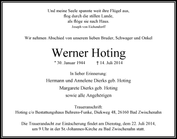 Traueranzeige von Werner Hoting von Nordwest-Zeitung