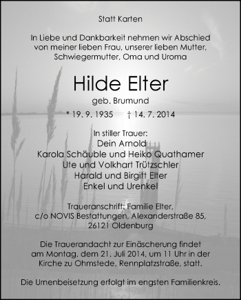 Traueranzeige von Hilde Elter von Nordwest-Zeitung