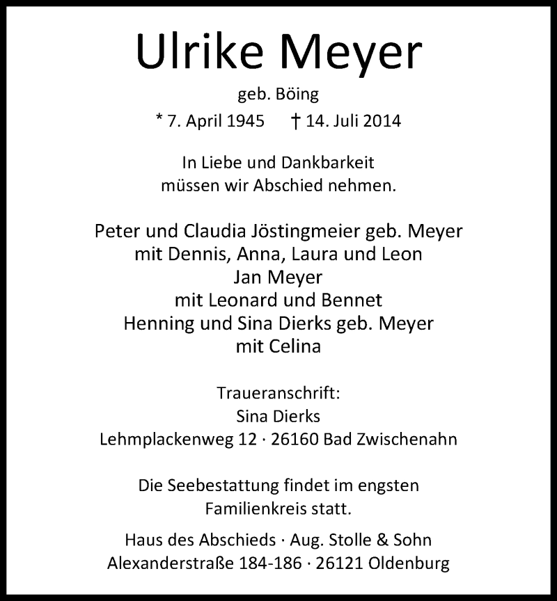  Traueranzeige für Ulrike Meyer vom 19.07.2014 aus Nordwest-Zeitung