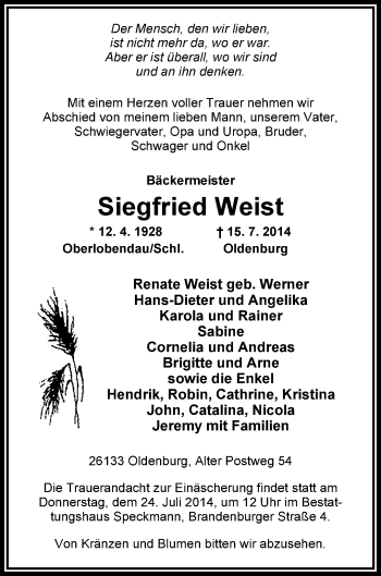 Traueranzeige von Siegfried Weist von Nordwest-Zeitung