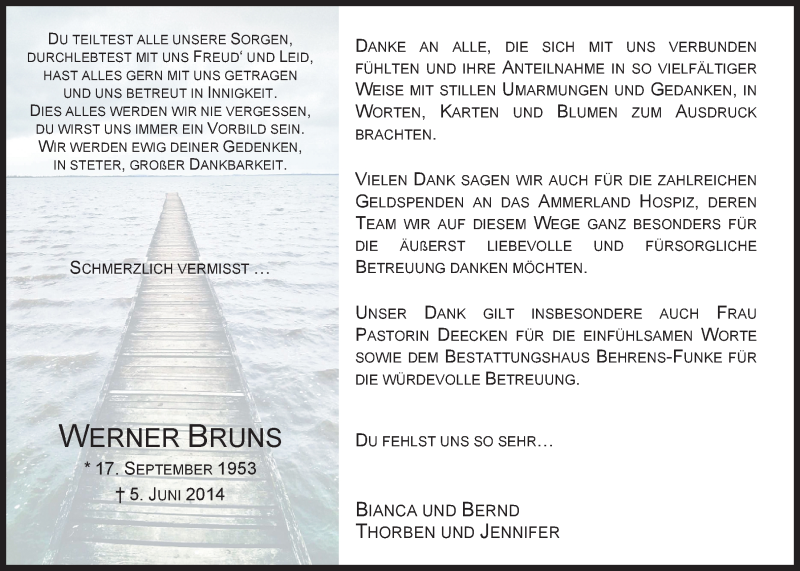  Traueranzeige für Werner Bruns vom 19.07.2014 aus Nordwest-Zeitung