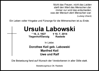 Traueranzeige von Ursula Labowski von Nordwest-Zeitung