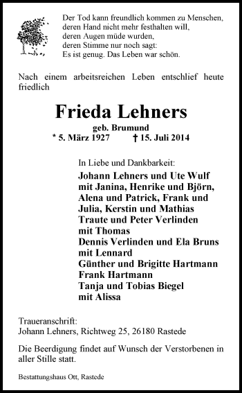 Traueranzeige von Frieda Lehners von Nordwest-Zeitung