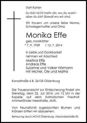 Traueranzeige von Monika Effe von Nordwest-Zeitung