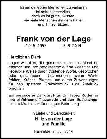 Traueranzeige von Frank von der Lage von Nordwest-Zeitung