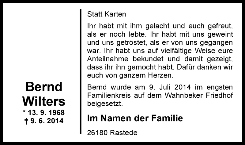  Traueranzeige für Bernd Wilters vom 19.07.2014 aus Nordwest-Zeitung