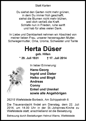 Traueranzeige von Herta Düser von Nordwest-Zeitung