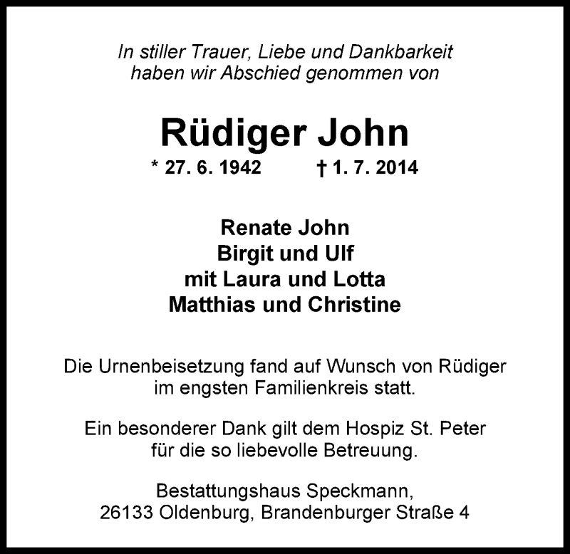  Traueranzeige für Rüdiger John vom 19.07.2014 aus Nordwest-Zeitung