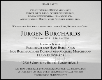 Traueranzeige von Jürgen Burchards von Nordwest-Zeitung