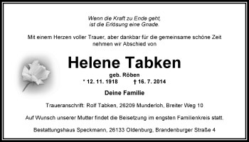 Traueranzeige von Helene Tabken von Nordwest-Zeitung