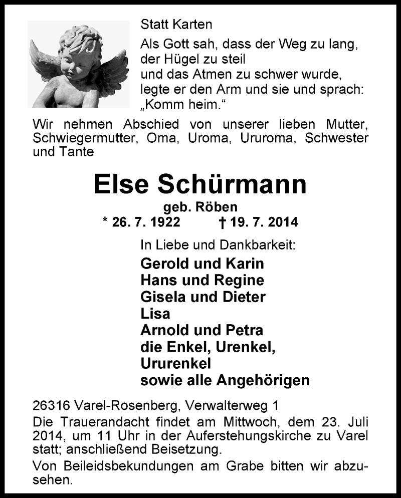  Traueranzeige für Else Schürmann vom 21.07.2014 aus Nordwest-Zeitung