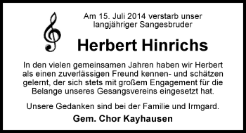 Traueranzeige von Herbert Hinrichs von Nordwest-Zeitung