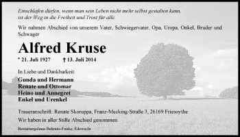Traueranzeige von Alfred Kruse von Nordwest-Zeitung