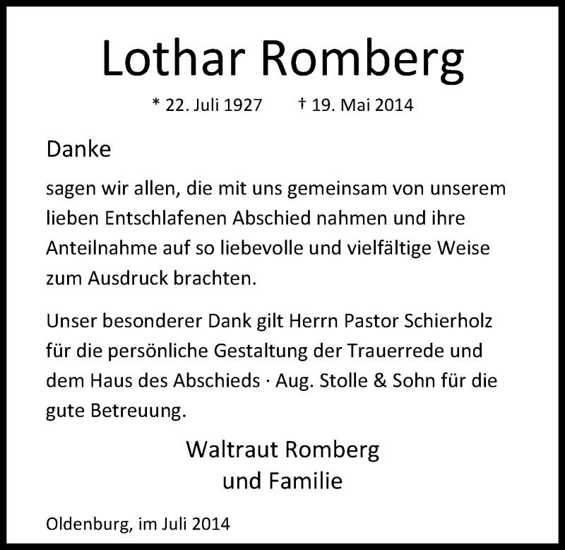  Traueranzeige für Lothar Romberg vom 26.07.2014 aus Nordwest-Zeitung