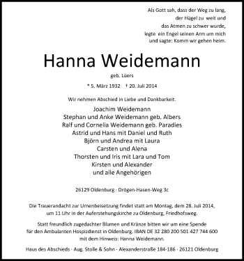 Traueranzeige von Hanna Weidemann von Nordwest-Zeitung