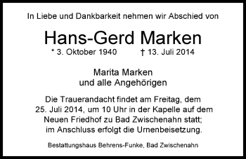 Traueranzeige von Hans-Gerd Marken von Nordwest-Zeitung