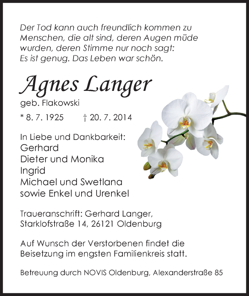  Traueranzeige für Agnes Langer vom 26.07.2014 aus Nordwest-Zeitung