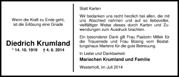 Traueranzeige von Diedrich Krumland von Nordwest-Zeitung