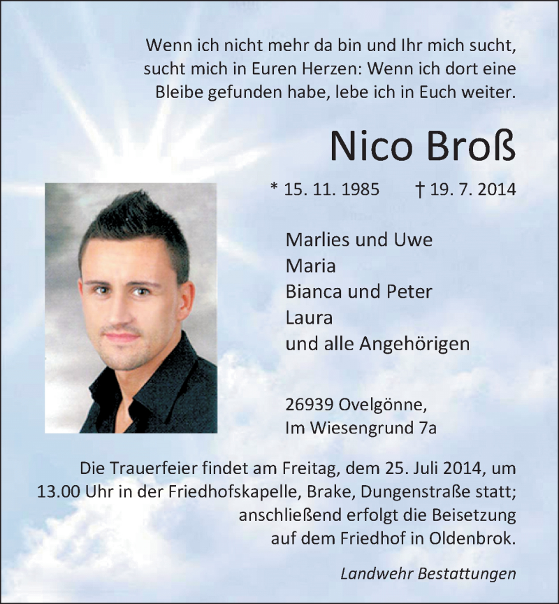  Traueranzeige für Nico Broß vom 23.07.2014 aus Nordwest-Zeitung