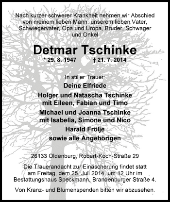 Traueranzeige von Detmar Tschinke von Nordwest-Zeitung