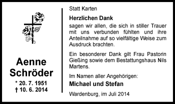 Traueranzeige von Aenne Schröder von Nordwest-Zeitung