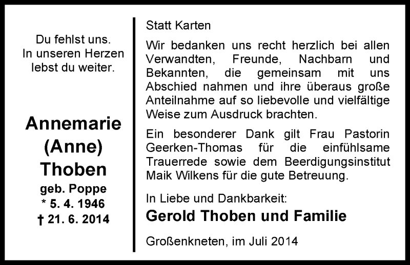  Traueranzeige für Annemarie Thoben vom 25.07.2014 aus Nordwest-Zeitung