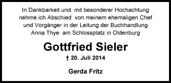 Traueranzeige von Gottfried Sieler von Nordwest-Zeitung