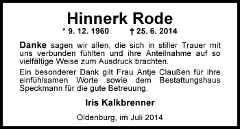 Traueranzeige von Hinnerk Rode von Nordwest-Zeitung