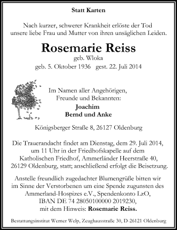 Traueranzeige von Rosemarie Reiss von Nordwest-Zeitung