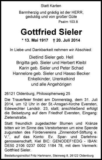 Traueranzeige von Gottfried Sieler von Nordwest-Zeitung