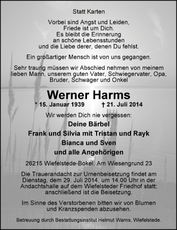 Traueranzeige von Werner Harms von Nordwest-Zeitung
