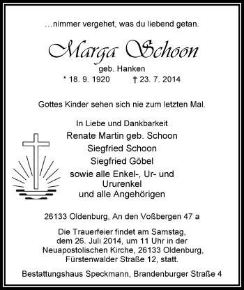 Traueranzeige von Marga Schoon von Nordwest-Zeitung