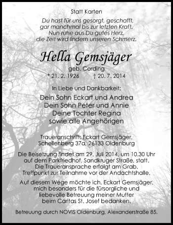 Traueranzeige von Hella Gemsjäger von Nordwest-Zeitung