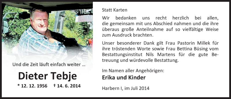  Traueranzeige für Dieter Tebje vom 26.07.2014 aus Nordwest-Zeitung