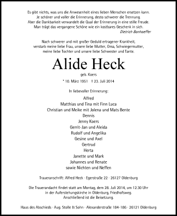 Traueranzeige von Alide Heck von Nordwest-Zeitung