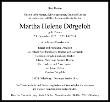 Traueranzeige von Martha Helene Dörgeloh von Nordwest-Zeitung