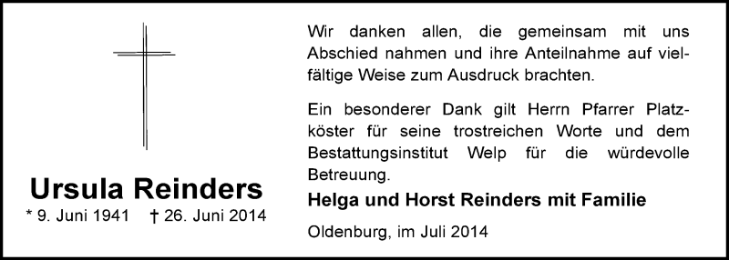 Traueranzeige für Ursula Reinders vom 26.07.2014 aus Nordwest-Zeitung