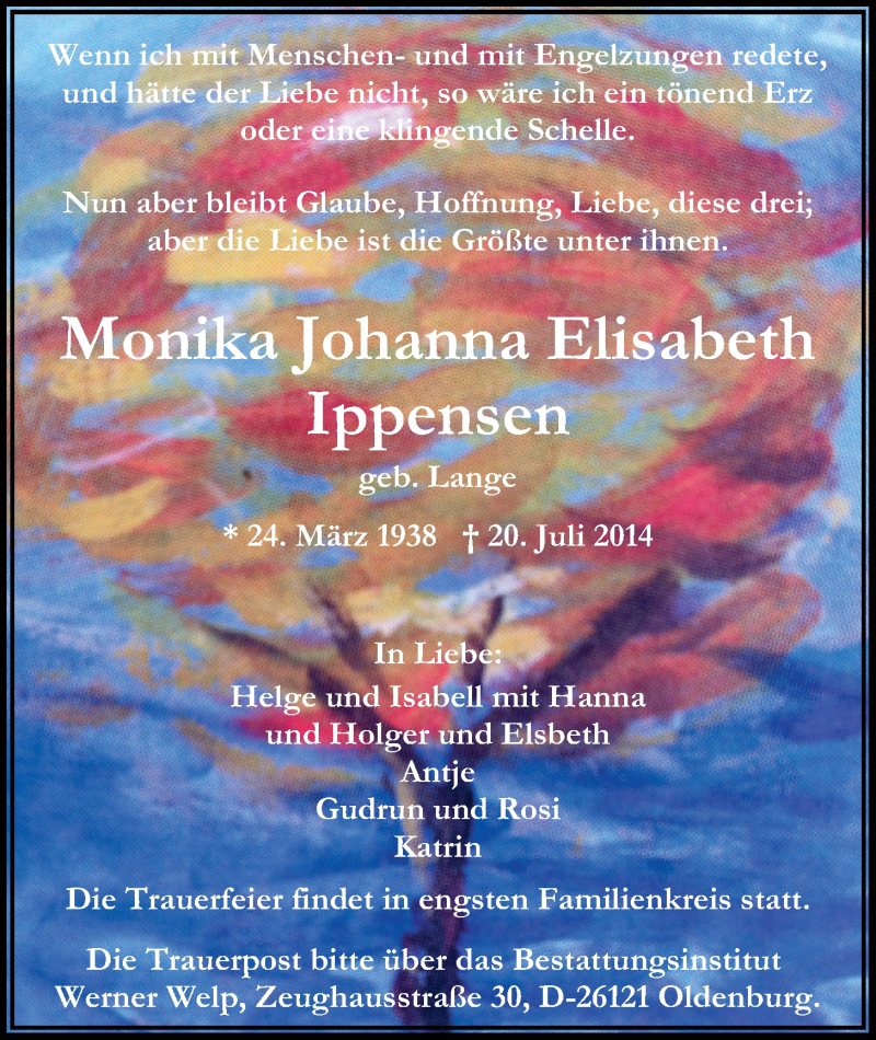  Traueranzeige für Monika Johanna Elisabeth Ippensen vom 26.07.2014 aus Nordwest-Zeitung
