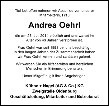Traueranzeige von Andrea Oehrl von Nordwest-Zeitung