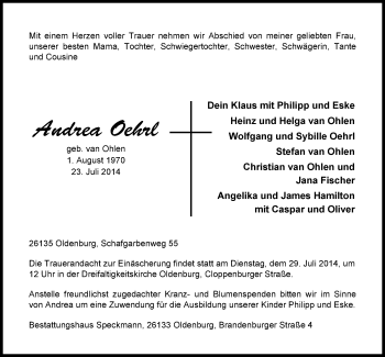 Traueranzeige von Andrea Oehrl von Nordwest-Zeitung