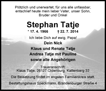 Traueranzeige von Stephan Tatje von Nordwest-Zeitung