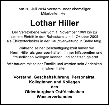 Traueranzeige von Lothar Hiller von Nordwest-Zeitung