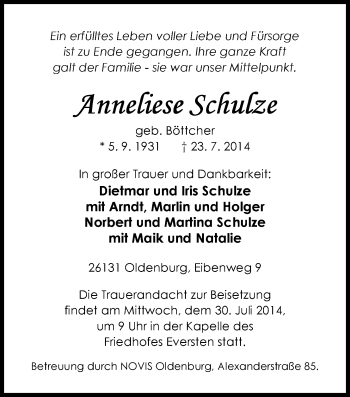Traueranzeige von Anneliese Schulze von Nordwest-Zeitung