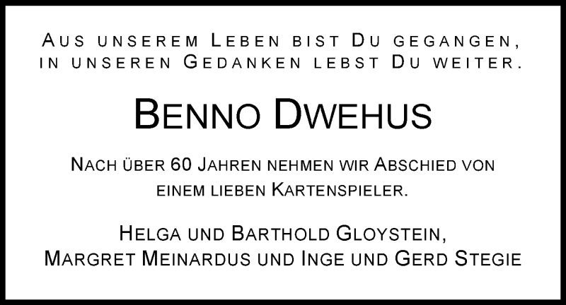  Traueranzeige für Benno Dwehus vom 29.07.2014 aus Nordwest-Zeitung