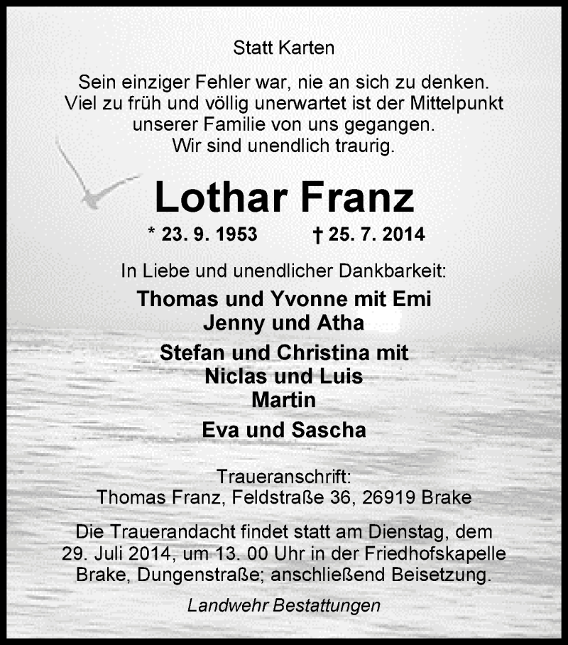  Traueranzeige für Lothar Franz vom 28.07.2014 aus Nordwest-Zeitung