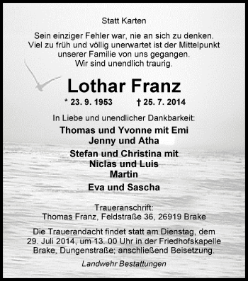 Traueranzeige von Lothar Franz von Nordwest-Zeitung