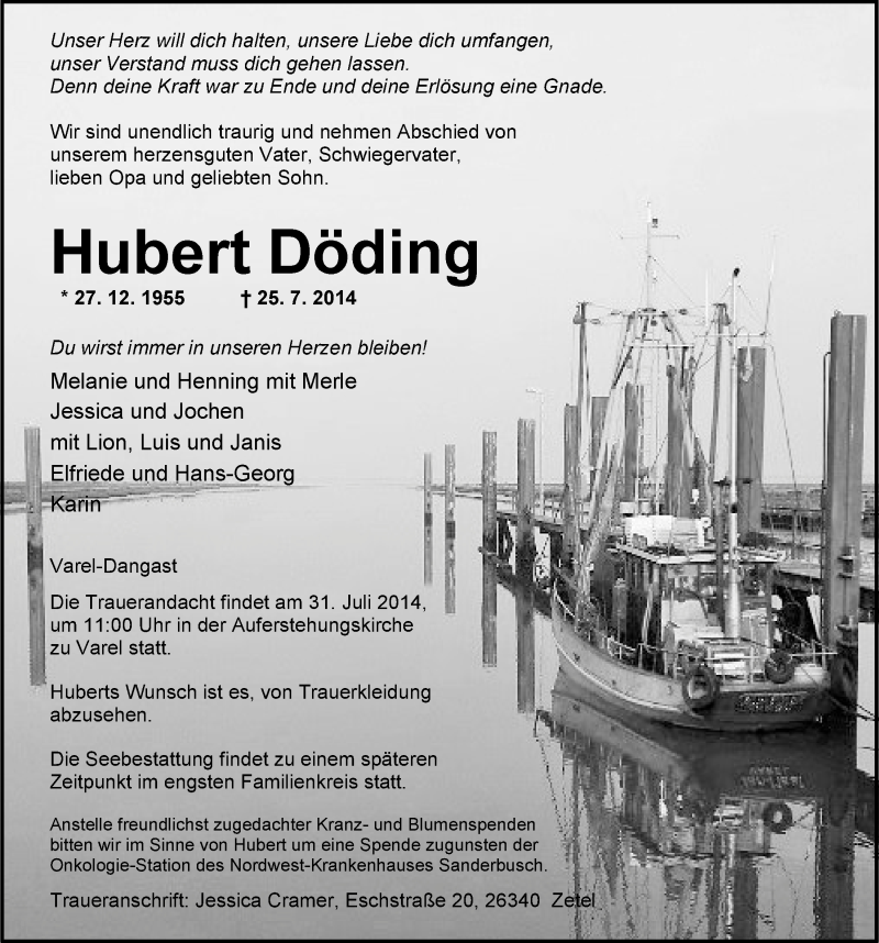  Traueranzeige für Hubert Döding vom 28.07.2014 aus Nordwest-Zeitung