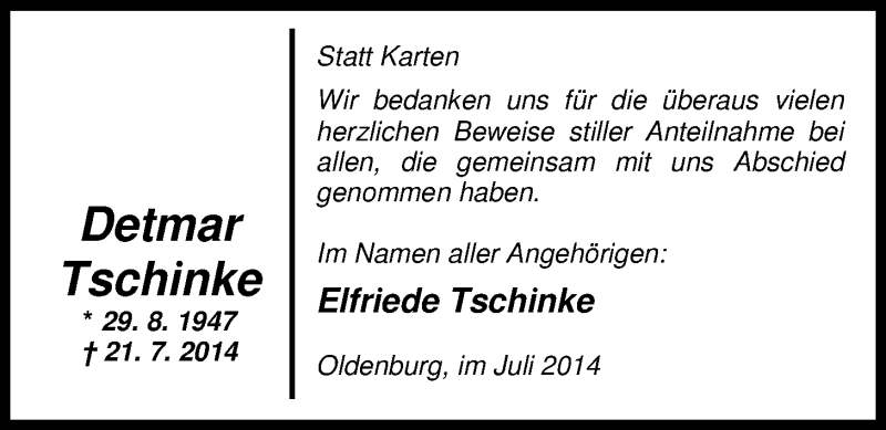  Traueranzeige für Detmar Tschinke vom 23.08.2014 aus Nordwest-Zeitung