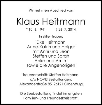 Traueranzeige von Klaus Heitmann von Nordwest-Zeitung