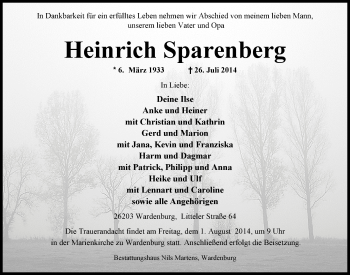 Traueranzeige von Heinrich Sparenberg von Nordwest-Zeitung
